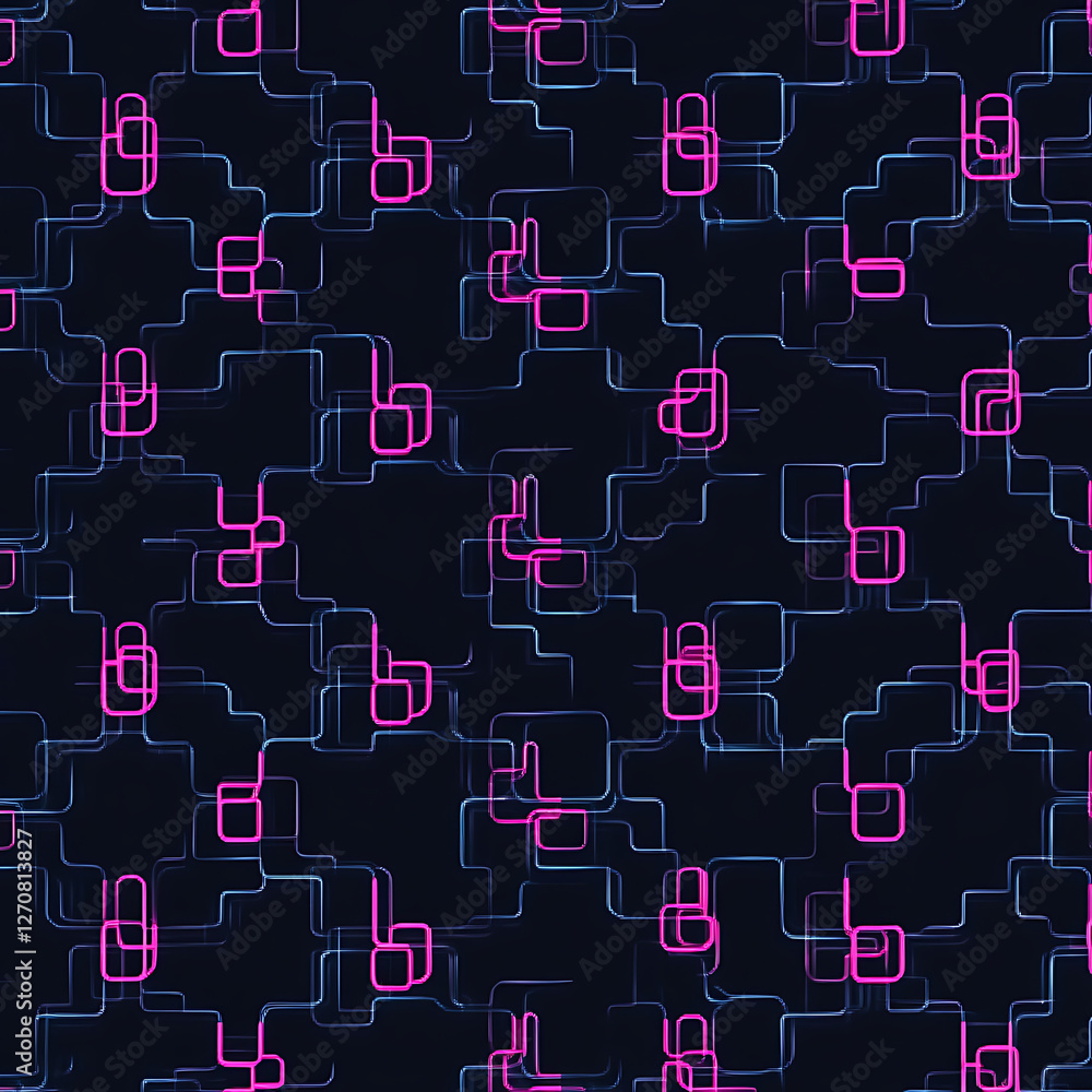 Seamless Geometric Network Pink Shapes with Neon Blue Lines Dark Abstract Background Decorative Pattern
