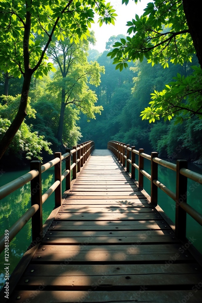 Wooden bridge spans wide river crossing through African forest, natural scenery, wood, bridge Wooden bridge spans wide river crossing through African forest, natural scenery, wood, bridge