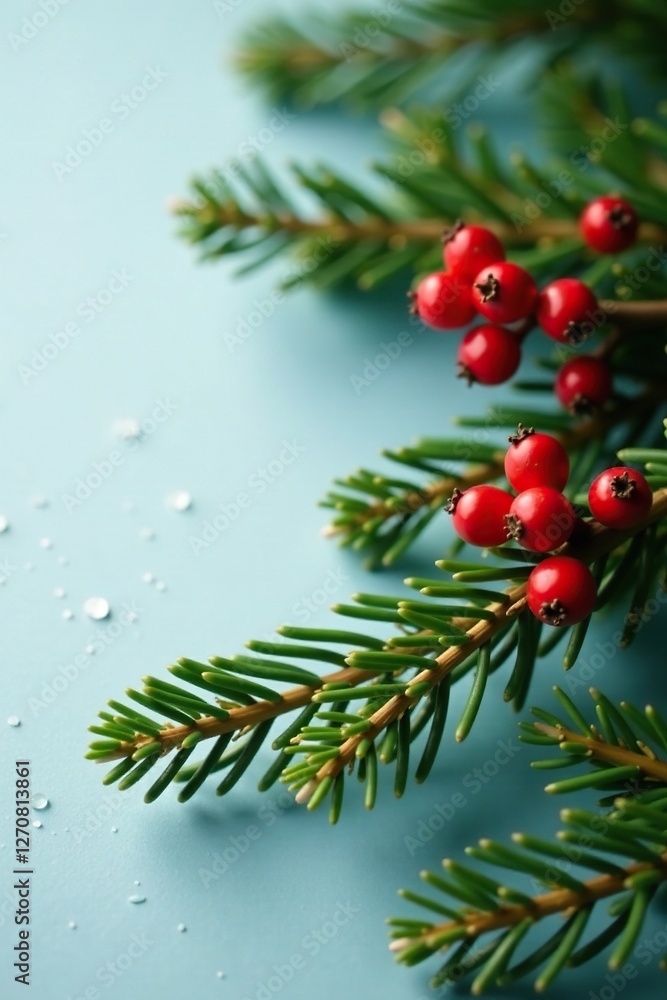 Wooden Christmas tree branch with red berries, Christmas trees, winter wonderland, seasonal Wooden Christmas tree branch with red berries, Christmas trees, winter wonderland, seasonal