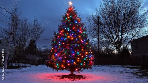Colorful Christmas tree glowing brightly in a snowy backyard during evening h...