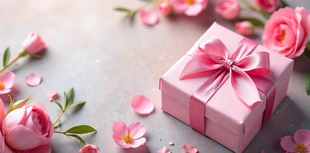 Pink ribbon-wrapped gift box on a floral background, paper, luxury Pink ribbon-wrapped gift box on a floral background, paper, luxury