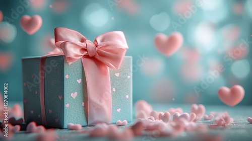 Gift box adorned with hearts and sparkles creates a romantic ambiance for spe...