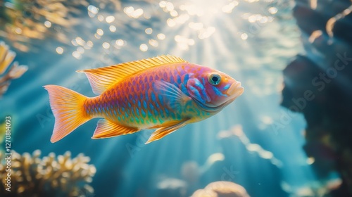 Goldfish swimming peacefully in a sunlit underwater environment filled with s...