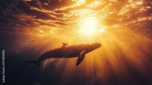 Majestic humpback whale gliding gracefully through golden underwater rays