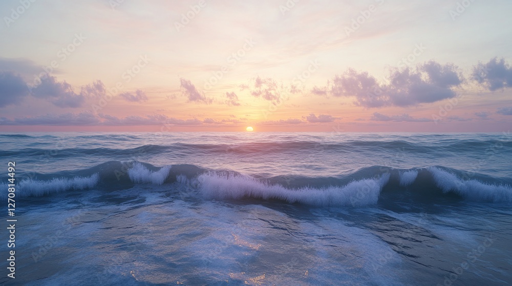 Fototapeta premium Ocean sunrise, waves crashing, peaceful sky, tranquil scene, travel backdrop
