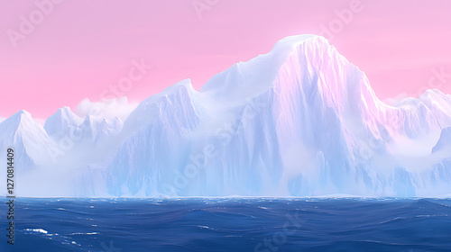 Serene Arctic Landscape with Icebergs and Pink Sky Reflecting on the Tranquil Ocean Surface Scenery photo