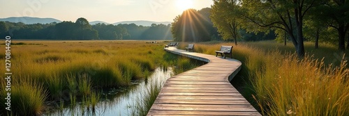 Wooden boardwalk winding through a wetland with benches along the way, winding paths, natural scenery, boardwalks