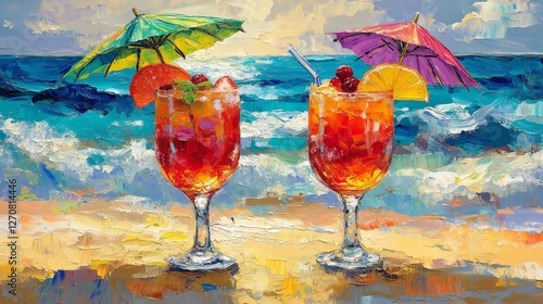 Tropical cocktails with umbrellas on sandy beach under clear skies in summer ...