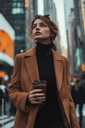 A girl with a cup of coffee walks down the street of a metropolis photo