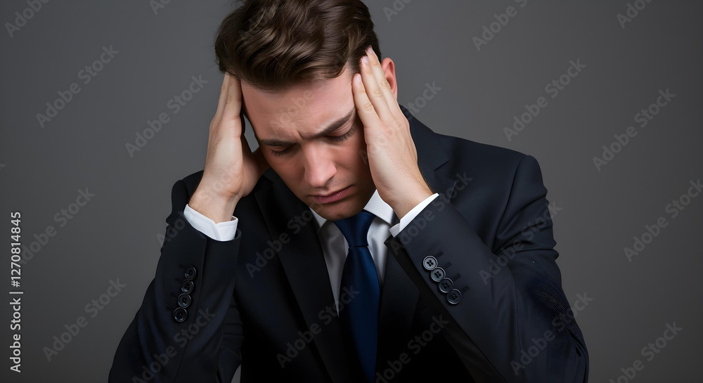 Sad business man got migraine. Man with strong headache. Stressed, tired businessman from headache. Headache, tiredness and stress, migraine. Headache pain concept. Sad business man got migraine. Man with strong headache. Stressed, tired businessman from headache. Headache, tiredness and stress, migraine. Headache pain concept.