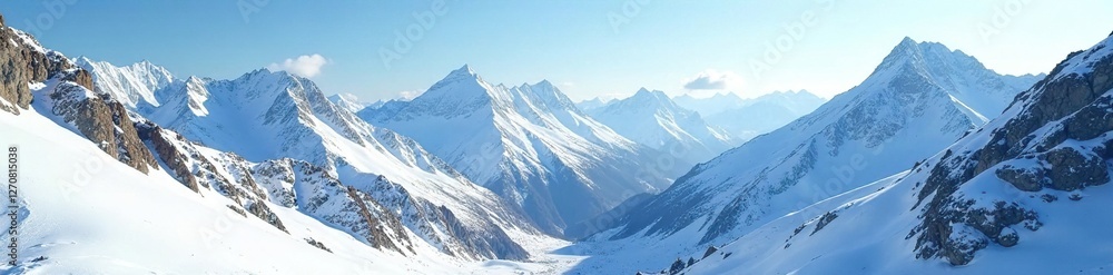 Rugged terrain of snow-covered peaks and valleys, rugged, snow Rugged terrain of snow-covered peaks and valleys, rugged, snow