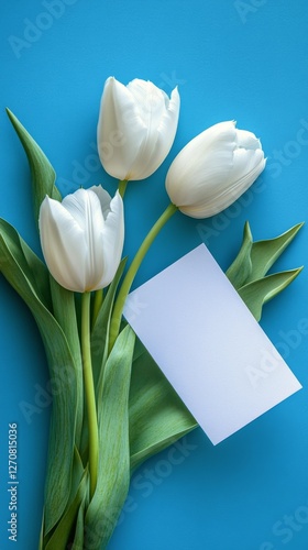 White tulips with blank card on blue background for spring celebration or flo...