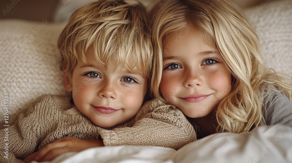 Sweet Siblings Embracing on Cozy Bed with Warm Textures Sweet Siblings Embracing on Cozy Bed with Warm Textures