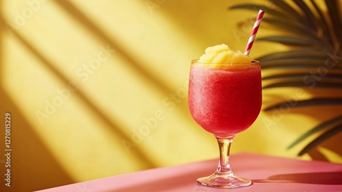 Refreshing frozen cocktail served in a vibrant setting with a tropical vibe d...