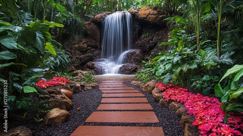 Waterfall cascading over rocks surrounded by vibrant flowers in a serene gard...