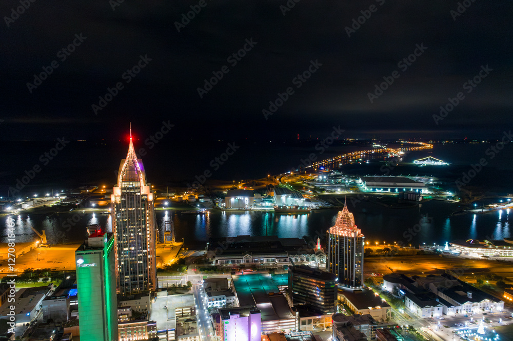 Obraz premium Downtown Mobile, Alabama and the bay at night during Mardi Gras Month