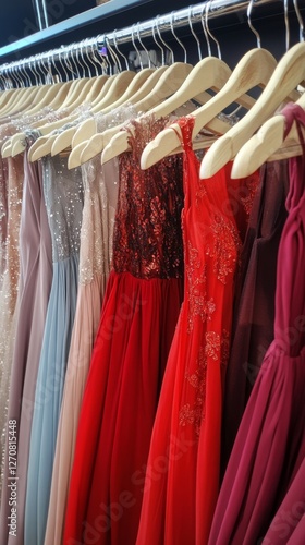 Elegant dresses displayed in a clothing store for special occasions in vibran...