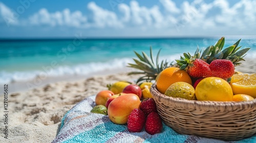 Fresh fruits in a woven basket on a sandy beach with ocean waves and bright b...