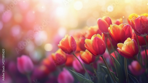 Colorful tulips bloom in a vibrant garden during golden hour sunlight