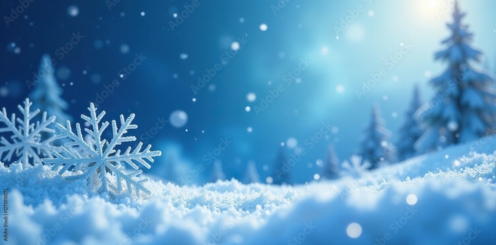 Sparkling blue winter landscape with large snowflakes gently falling from the sky, large snowflakes, soft flakes Sparkling blue winter landscape with large snowflakes gently falling from the sky, large snowflakes, soft flakes