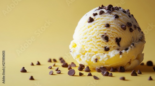 Delightful ice cream scoop with chocolate chips on pastel background