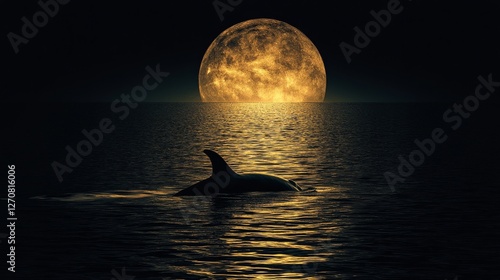 Dolphin swimming under a vibrant full moon over calm ocean waters at night