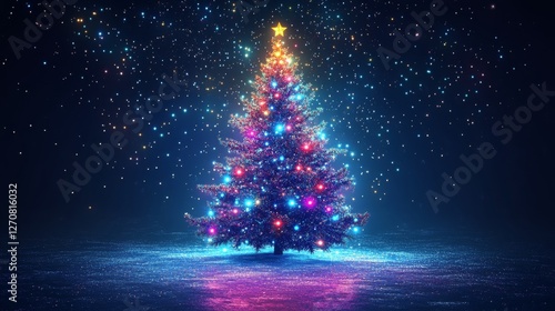Colorful Christmas tree glowing brightly in a snowy backyard during evening h...