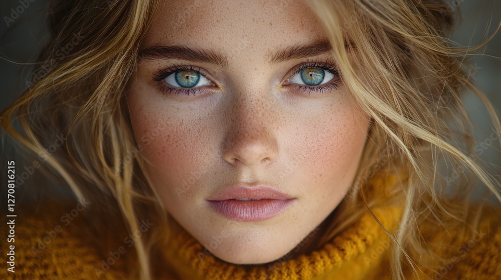 Stunning Close-Up Portrait of a Young Woman with Freckles and Blue Eyes Stunning Close-Up Portrait of a Young Woman with Freckles and Blue Eyes
