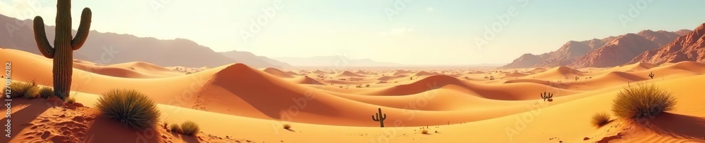 A sweeping desert landscape with sand dunes and cacti, sand, cactus, arid A sweeping desert landscape with sand dunes and cacti, sand, cactus, arid