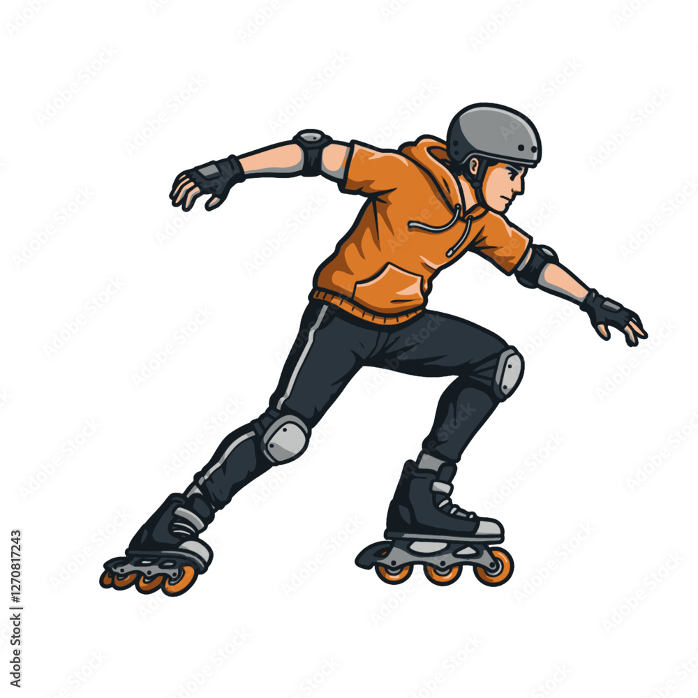 Naklejka premium Young Man Roller Skating with Safety Gear and Orange Hoodie