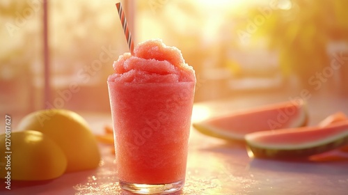 Refreshing frozen cocktail served in a vibrant setting with a tropical vibe d...