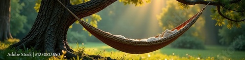 Pine tree's knotted branch supporting a cozy vintage hammock, hammock, cozy