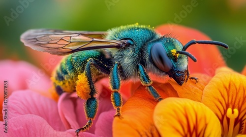 Bumblebee collecting nectar from pink flowers in a vibrant garden during a su...