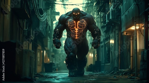 A hulking humanoid creature with glowing veins and cybernetic enhancements walks confidently through a dimly lit alley in a cyberpunk metropolis.