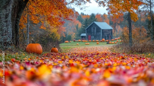 Vibrant autumn landscape with pumpkins and colorful foliage in rural setting