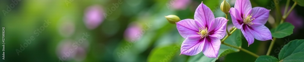 Delicate purple blooms unfurl in clusters on a clematis vine, garden, flowers, foliage Delicate purple blooms unfurl in clusters on a clematis vine, garden, flowers, foliage