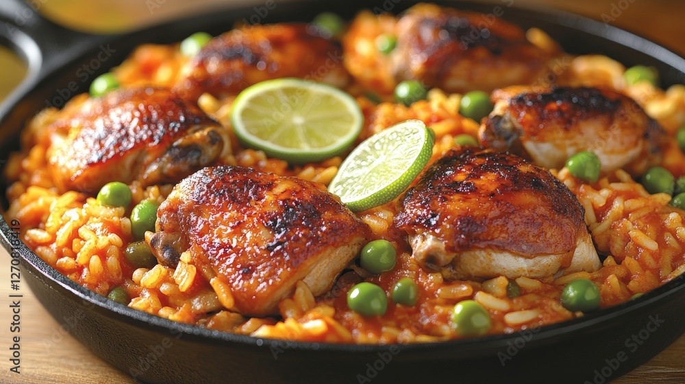 A skillet filled with seasoned chicken and rice garnished with lime and peas. A skillet filled with seasoned chicken and rice garnished with lime and peas.