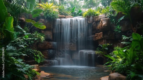 Serene waterfall cascades through lush greenery in a tranquil rainforest setting