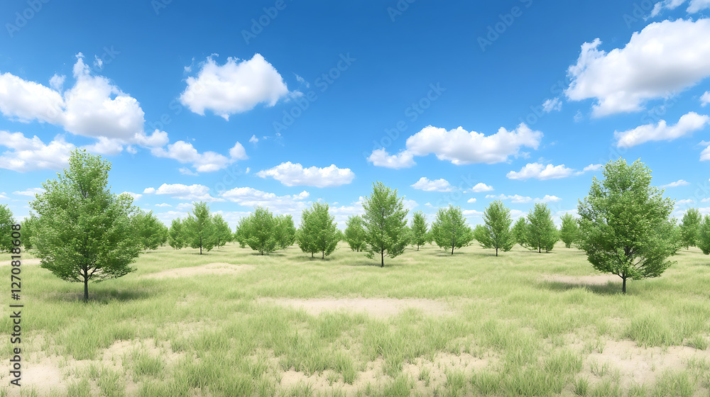 Serene Landscape of Trees on Grassland Under Blue Cloudy Sky Tranquil Nature Outdoors Serene Landscape of Trees on Grassland Under Blue Cloudy Sky Tranquil Nature Outdoors