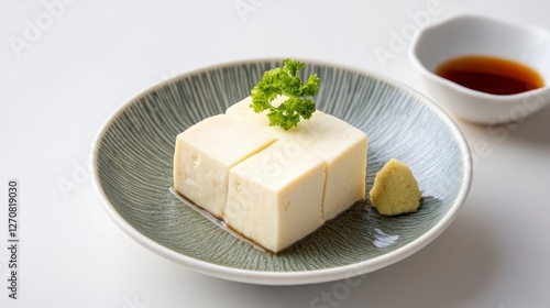 Minimalist Still Life Of Agedashi Tofu Served on Artistic Plate with Wasabi and Soy Sauce photo