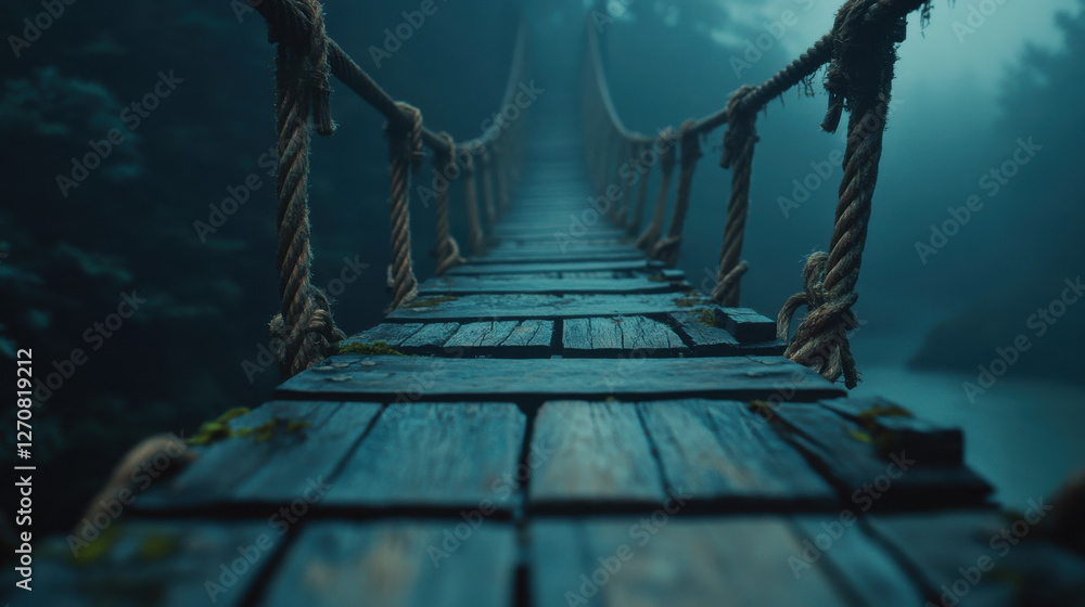 Fototapeta premium A narrow, ancient wooden walkway with irregular planks and frayed ropes, stretching over a calm