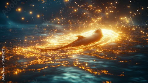 Whale swimming gracefully in illuminated waters at twilight near the coast