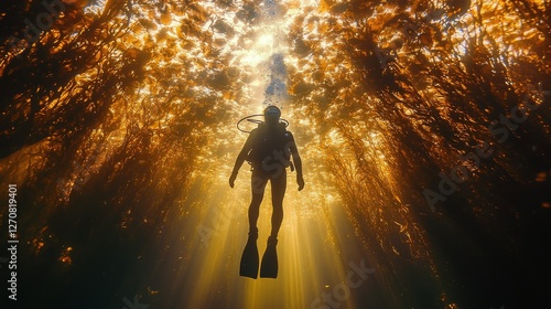 Diver exploring a kelp forest in clear water during sunlight hours