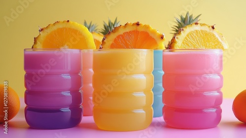 Refreshing tropical cocktails garnished with fresh fruit slices in a vibrant ...