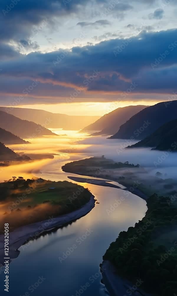 Aerial Drone Cinematic Slow Vertical View of Mystical Sunrise Over Foggy River Valley – Scenic Morning Landscape Aerial Drone Cinematic Slow Vertical View of Mystical Sunrise Over Foggy River Valley – Scenic Morning Landscape