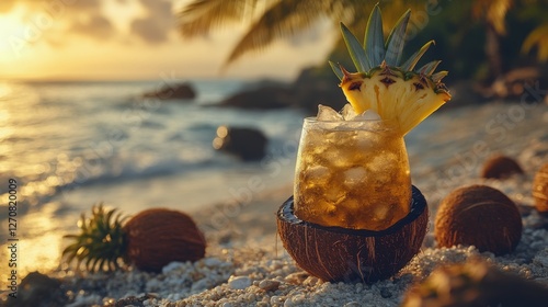 Refreshing coconut drink with pineapple on sandy beach at sunset