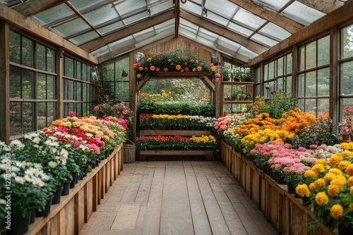 Colorful Floral Arrangement in a Charming Rustic Greenhouse Setting for Garden Lovers photo