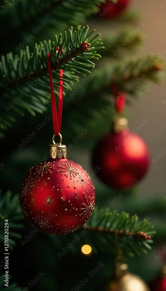 Red and gold ornaments hung from a fir branch, red, Christmas tree, fir Red and gold ornaments hung from a fir branch, red, Christmas tree, fir