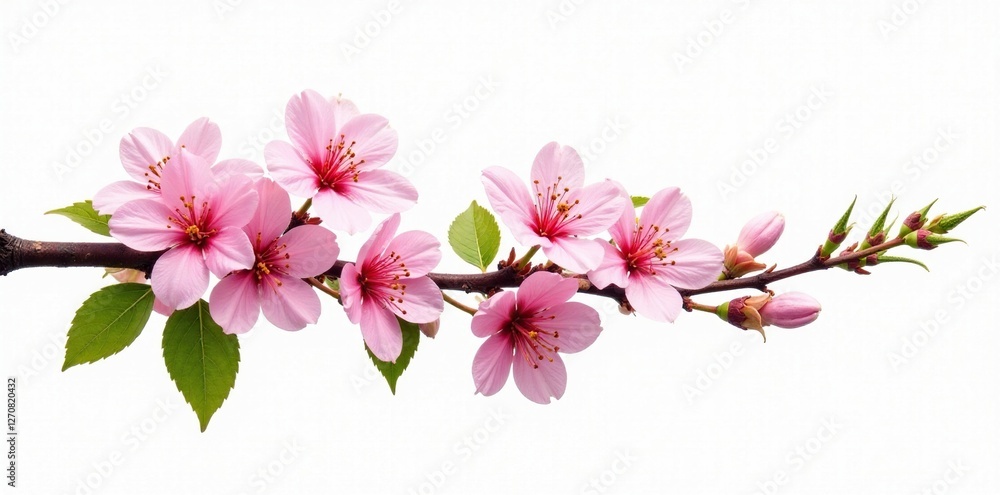 Fototapeta premium Spring foliage branch with blooming flowers isolated on white background, branch, background, spring