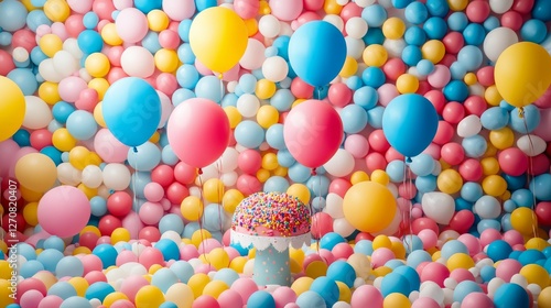 Colorful balloons and star-shaped balloon arrangement in festive indoor celeb...